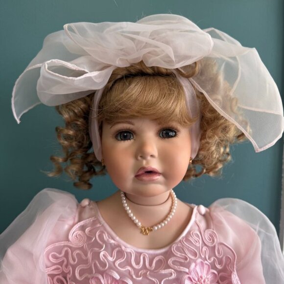 Vintage Doll German Ruby Doll Collection Porcelain Pink Dress Ribbon Curly Blond - Picture 2 of 10
